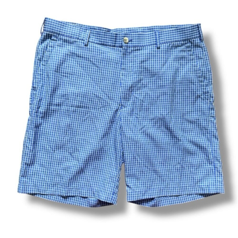 Peter Millar Blue Check Plaid Wicking Shorts Men’s Size 36 Golf Preppy Sporty